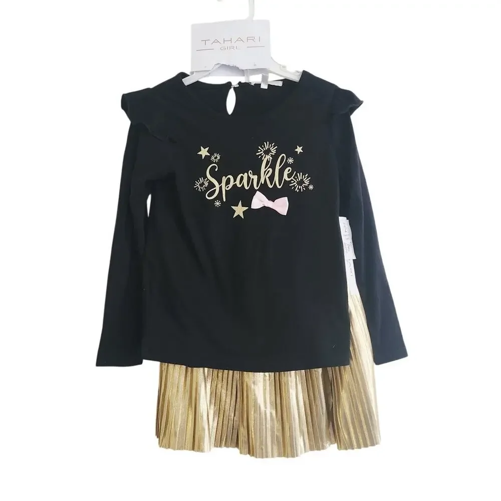 5 New Tahari Sparkle tee and gold skirt